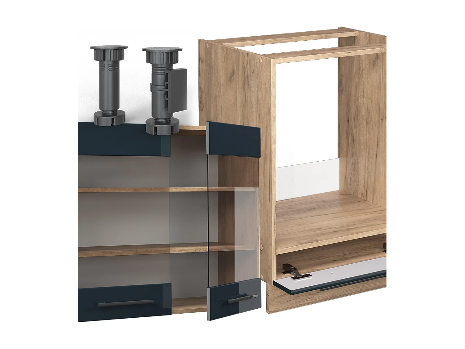 Muebles de cocina  azul oscuro alto brillo/roble dorado 287x46x81.6 fame-line