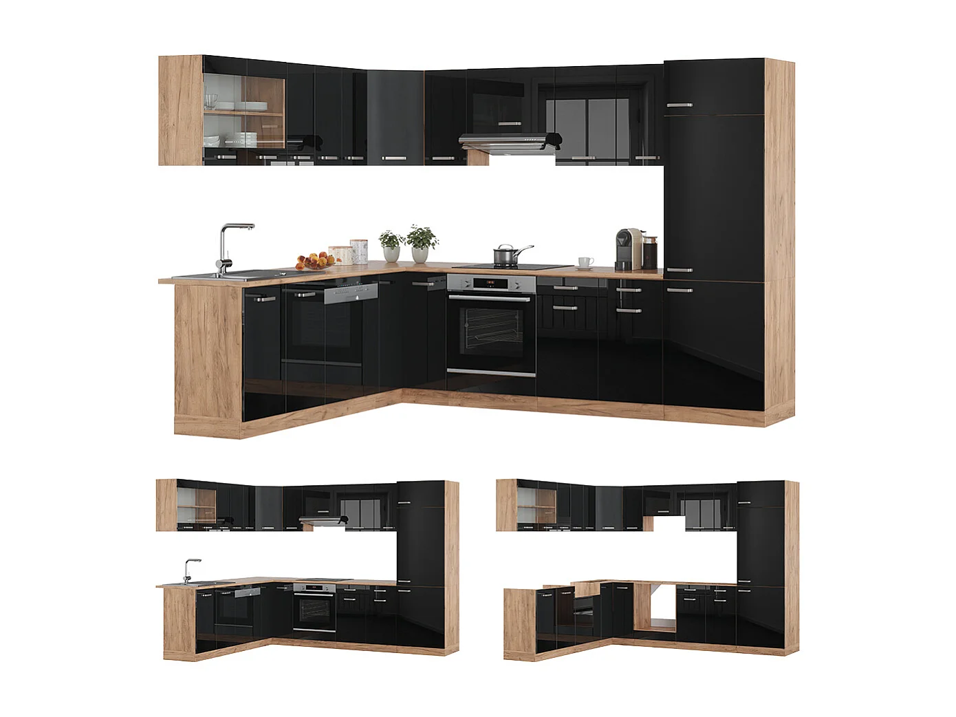 Cuisine en angle noir brillant/chêne doré 287x46x81.6 r-line