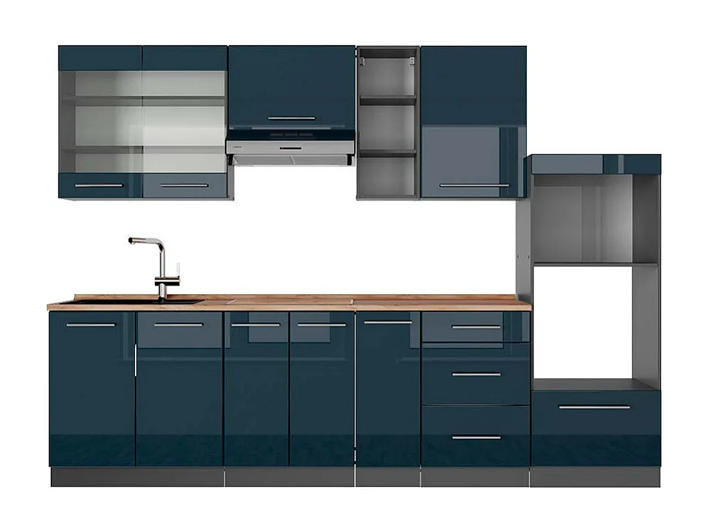 Mueble de cocina azul oscuro alto brillo/antracita 280x60x81.6 fame-line