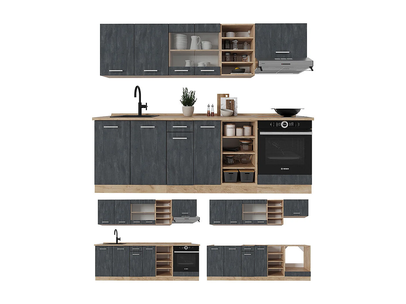 Cuisine béton noir/chêne doré 240x60x81.6 r-line