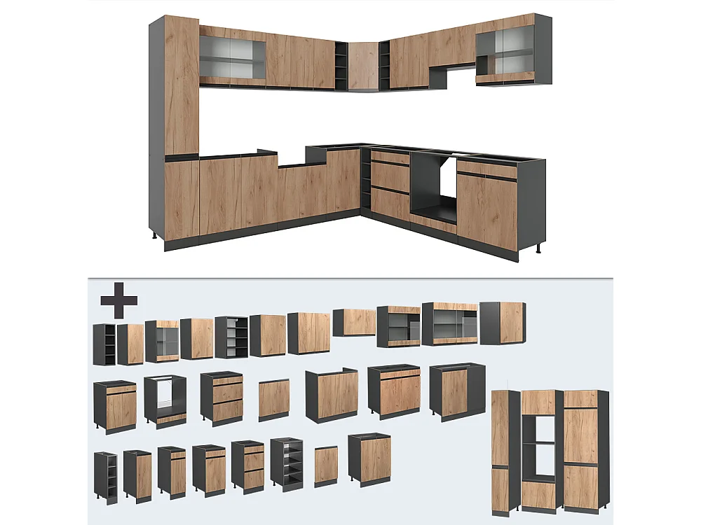Cuisine en angle chêne doré/anthracite 277x60x81.6 r-line