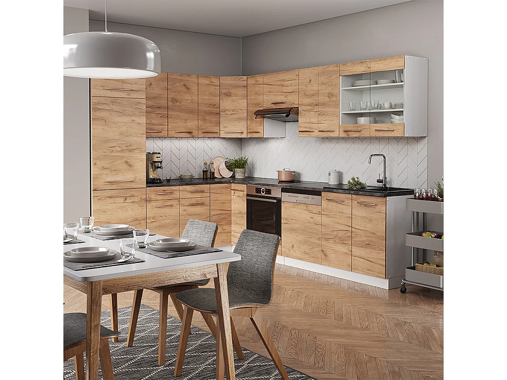 Cuisine en angle chêne doré/blanc 287x60x81.6 fame-line