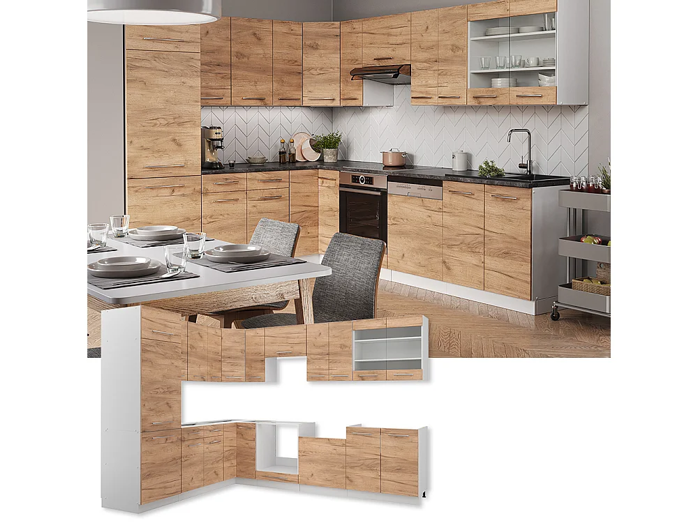 Cuisine en angle chêne doré/blanc 287x60x81.6 fame-line