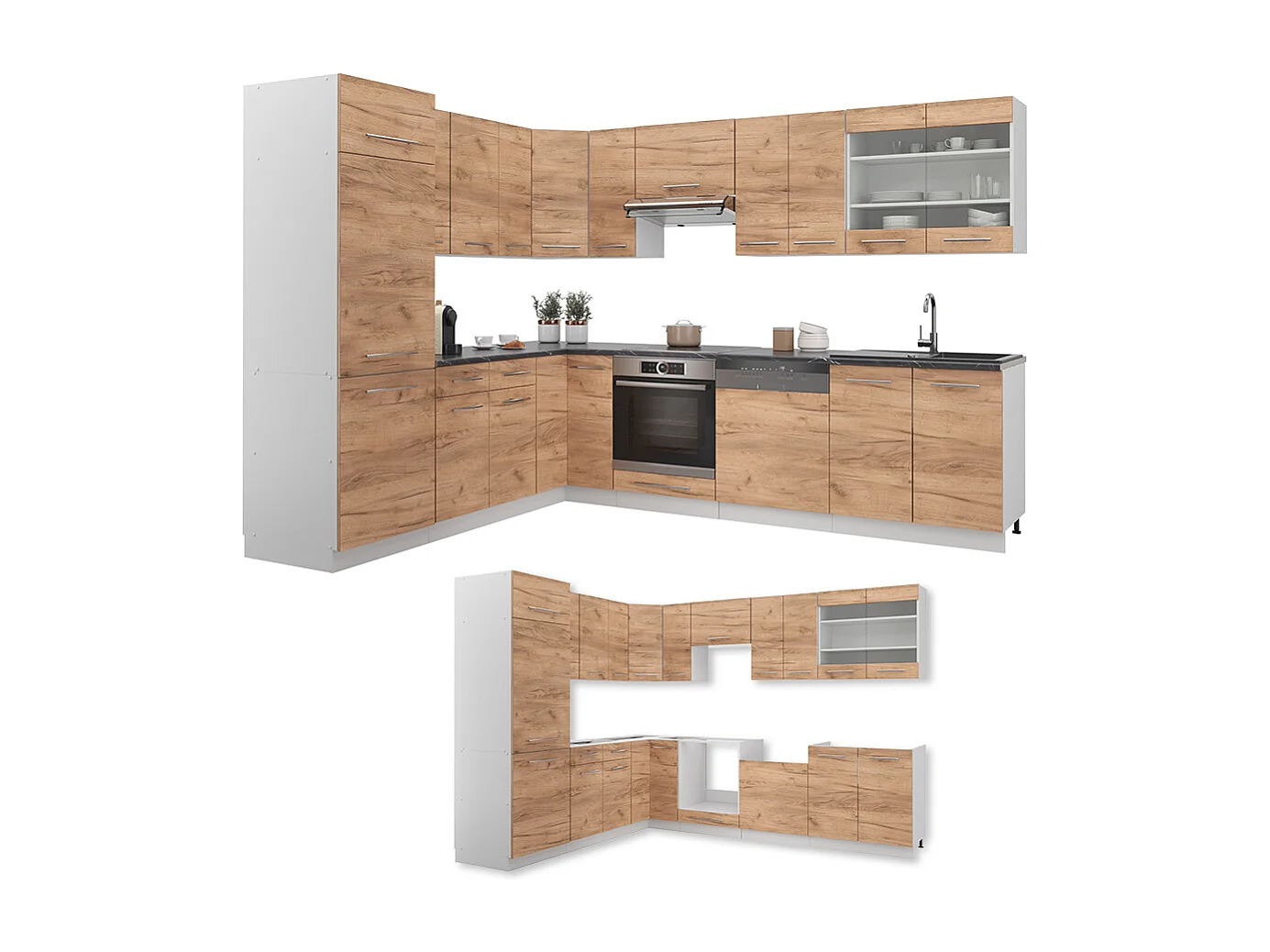 Cuisine en angle chêne doré/blanc 287x60x81.6 fame-line