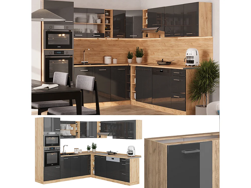 Cocina esquinera antracita brillo intenso/roble dorado eléctrico 247x46x81.6 r-line