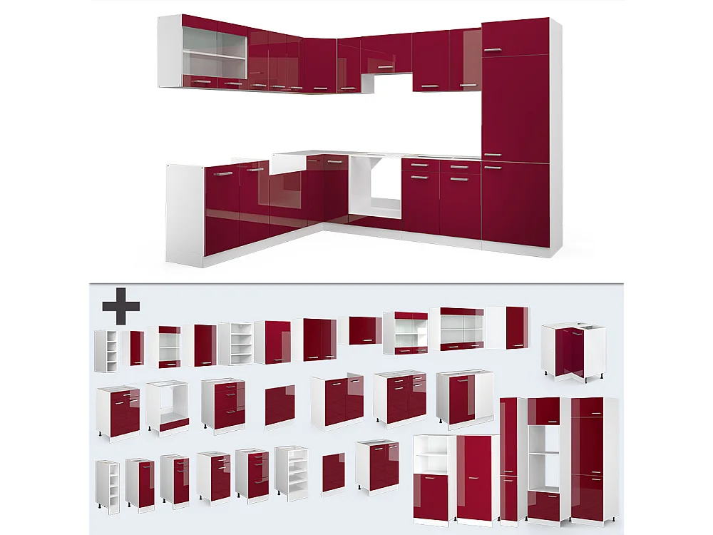 Cucina angolare completa rosso lucido/bianco 287x46x81.6 r-line