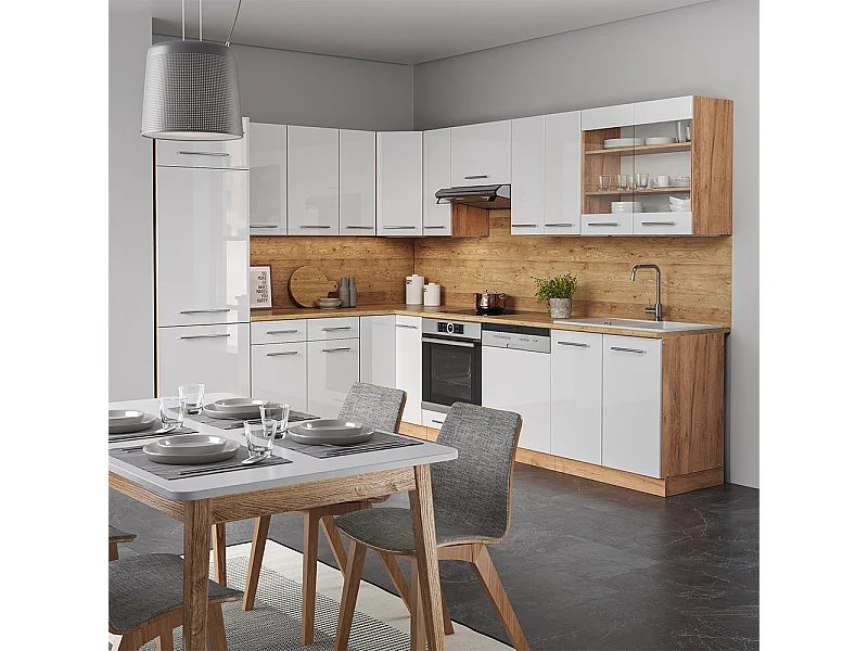 Cocina esquinera blanco brillo intenso/roble dorado 227x60x81.6 fame-line