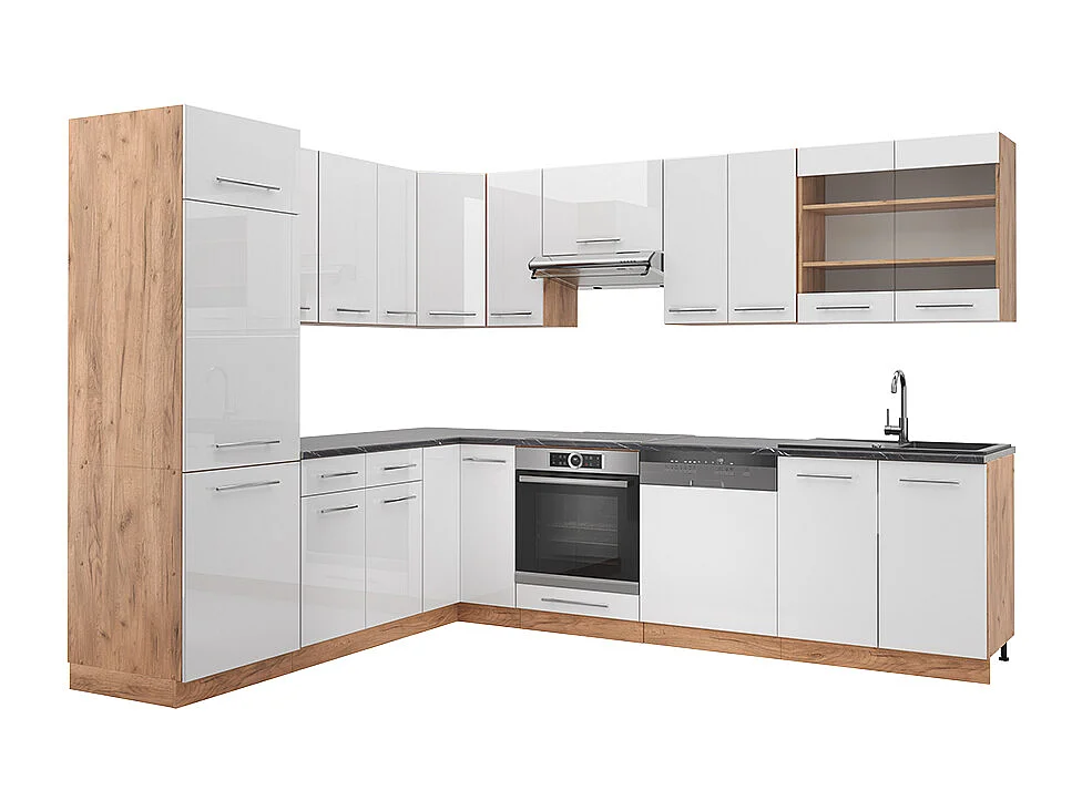 Cocina esquinera blanco brillo intenso/roble dorado 227x60x81.6 fame-line