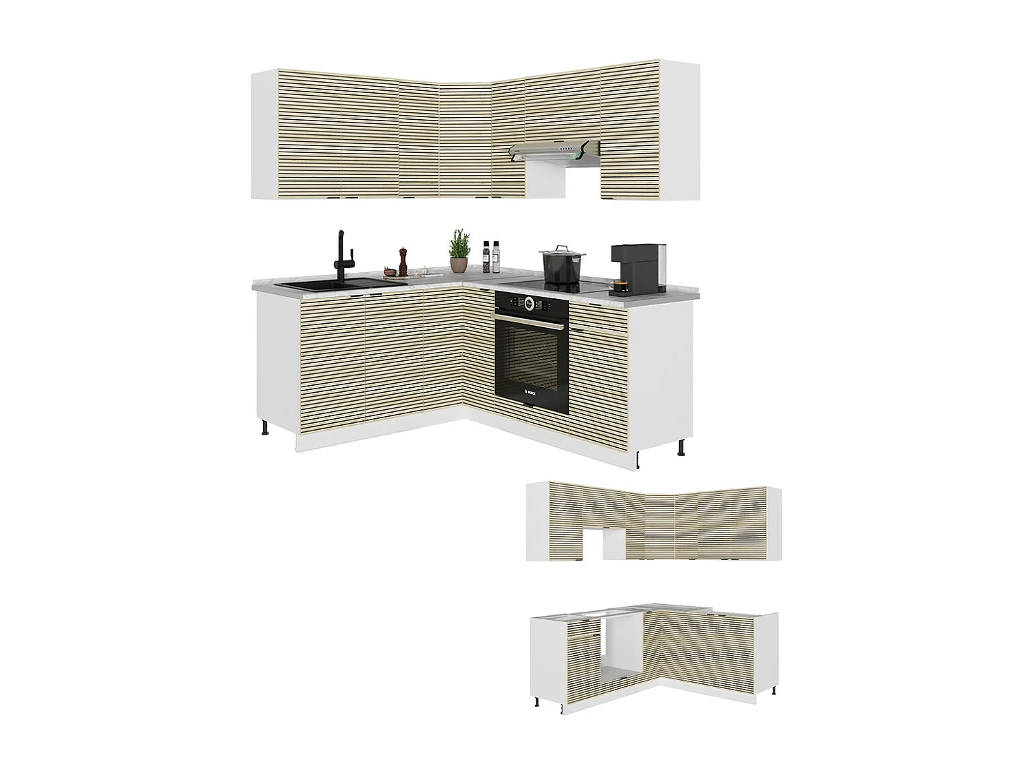 Cuisine en angle chêne lambris/blanc 190x46x81.6 fame-line