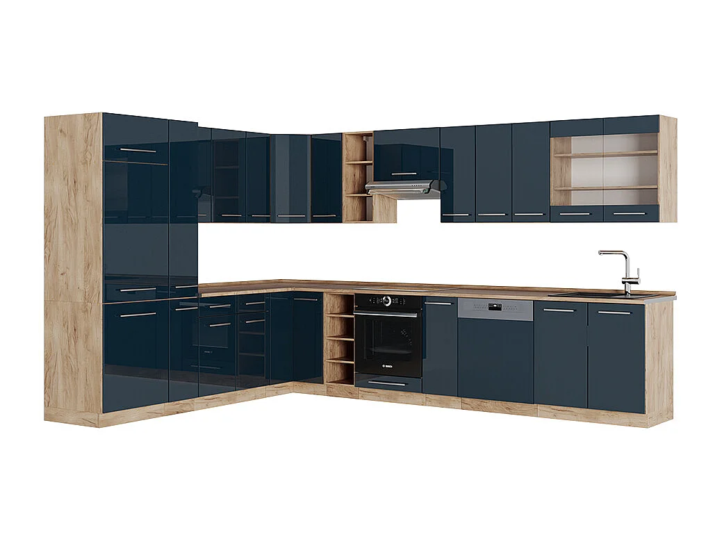 Cocina esquinera azul oscuro alto brillo/roble dorado 347x60x81.6 fame-line