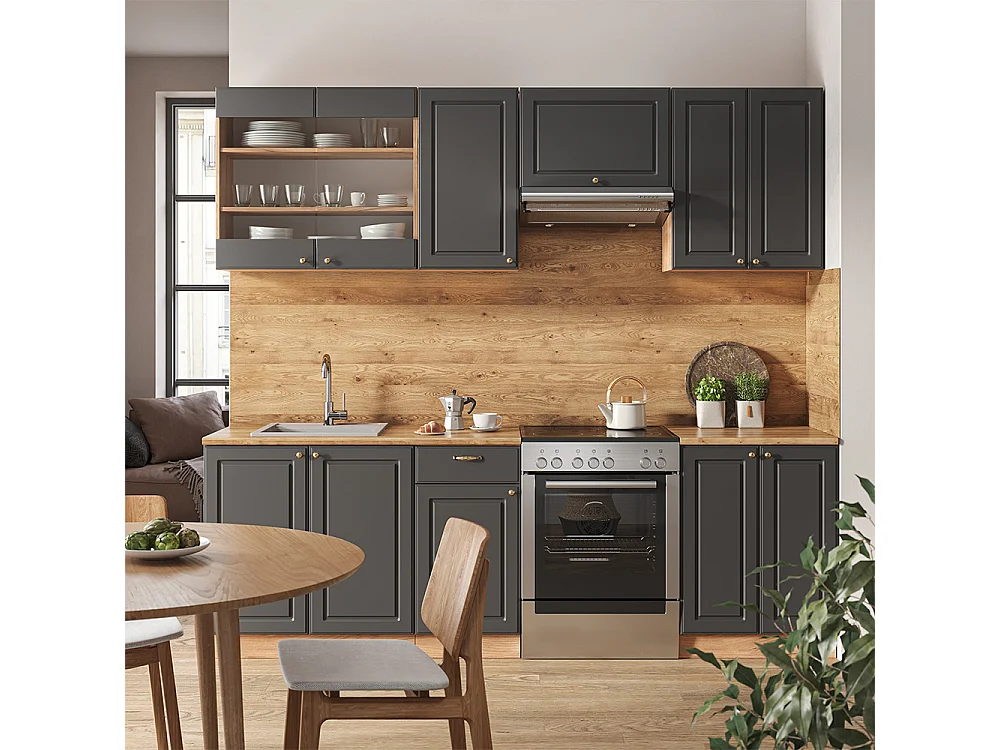 Complete keukeneenheid antraciet landhuis/goud kraft eik 240x46x81.6 fame-line