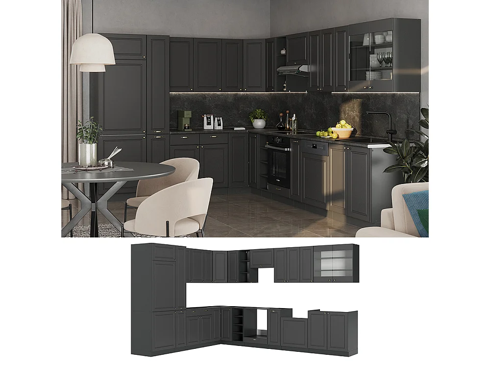 Hoekkeuken anthrazit-gold landhaus 347x60x81.6 fame-line