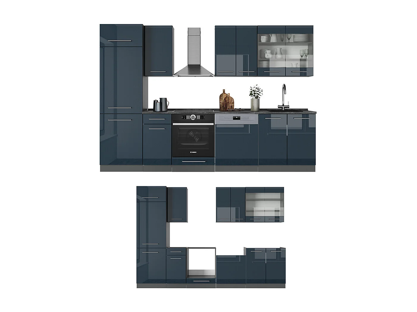 Mueble de cocina azul oscuro alto brillo/antracita 300x60x81.6 fame-line