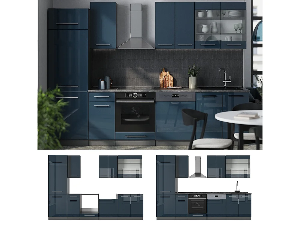 Mueble de cocina azul oscuro alto brillo/antracita 300x60x81.6 fame-line
