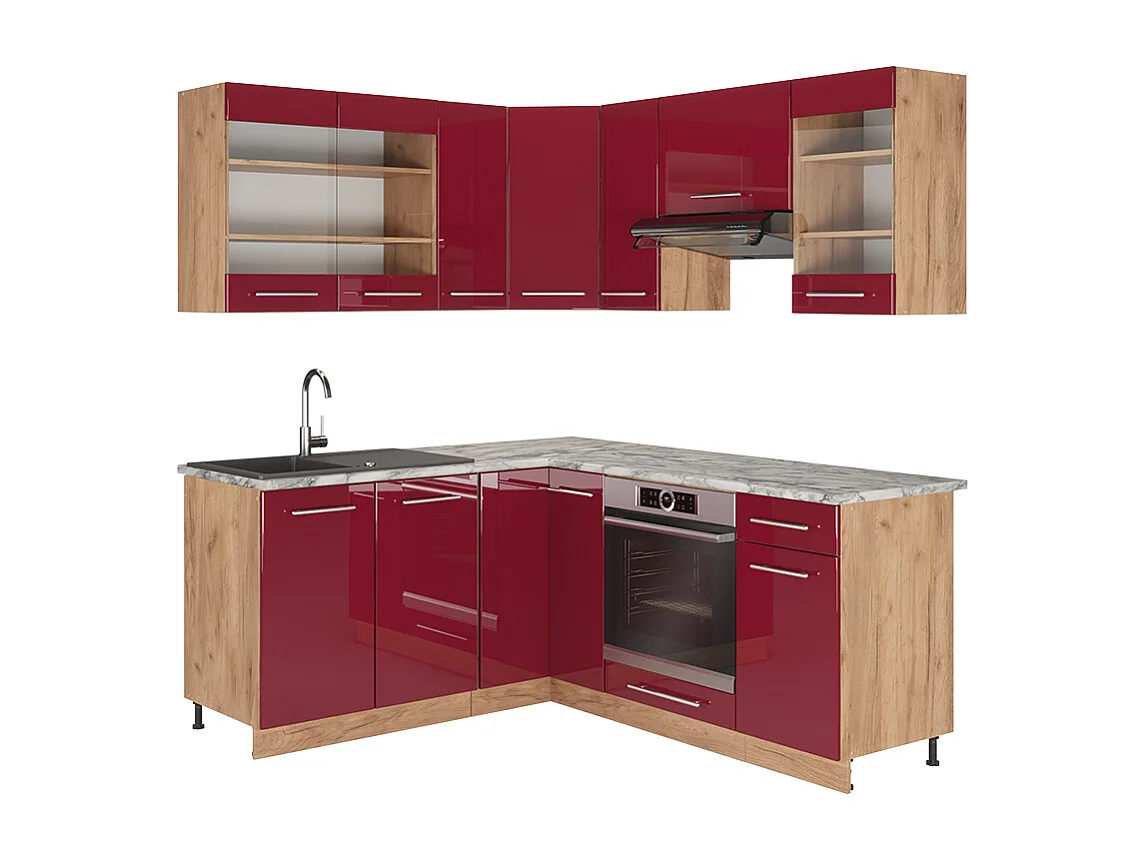 Cocina esquinera burdeos brillo intenso/roble dorado 190x60x81.6 fame-line