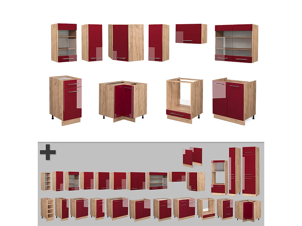 Cocina esquinera burdeos brillo intenso/roble dorado 190x60x81.6 fame-line