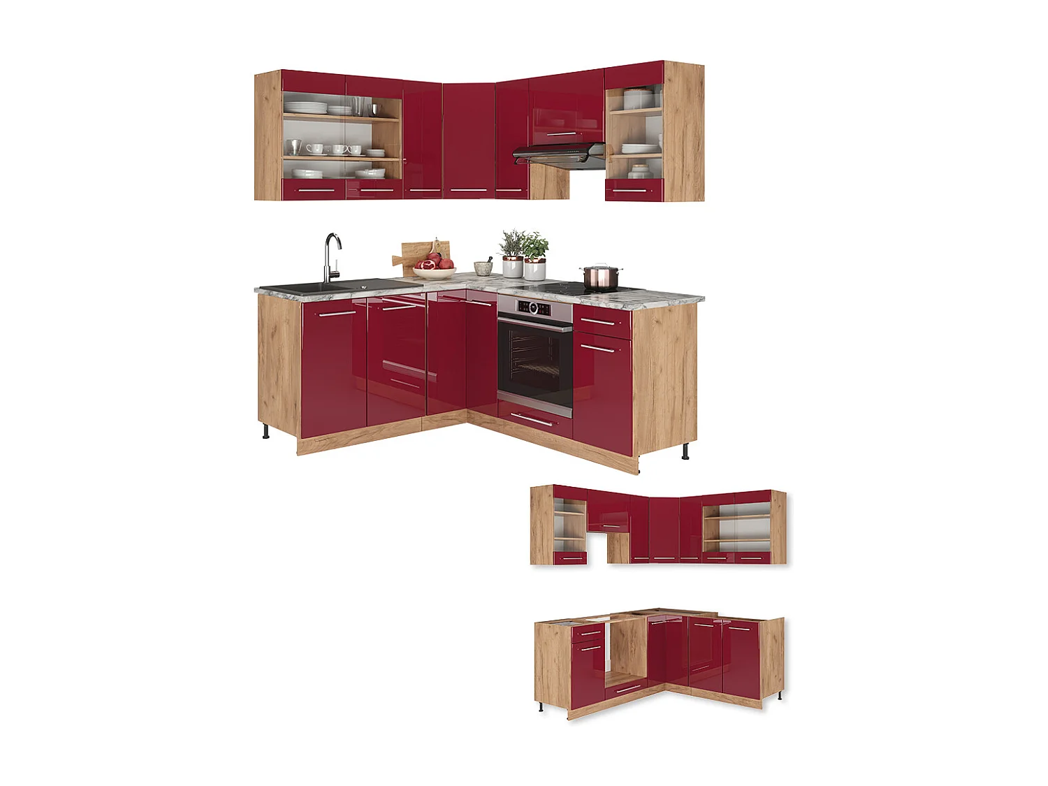 Cocina esquinera burdeos brillo intenso/roble dorado 190x60x81.6 fame-line