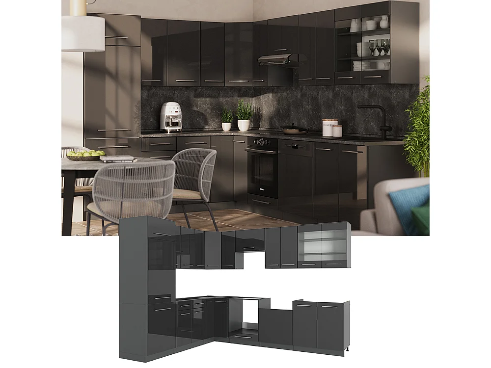 Hjørnekøkken antracit højglans/antracit 287x46x81.6 fame-line