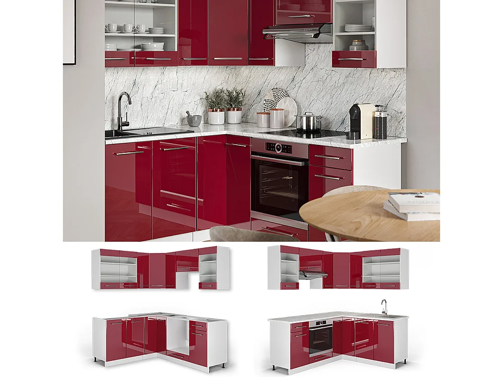 Cuisine en angle bordeaux haute brillance/blanc 190x60x81.6 fame-line