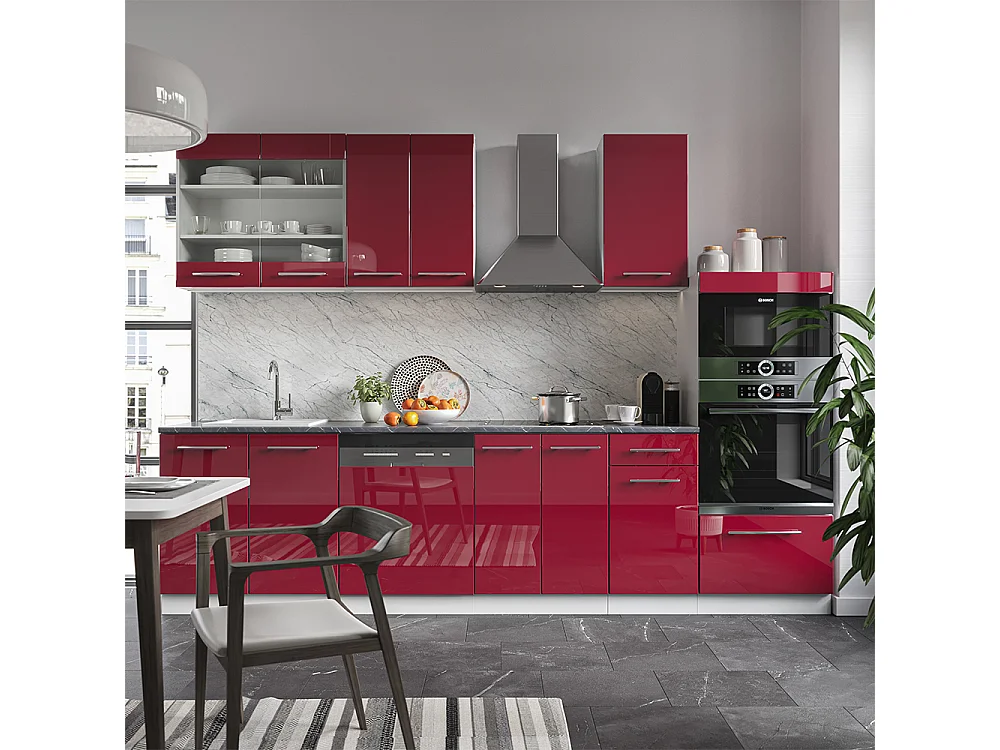 Küchenzeile bordeaux hochglanz/weiß 300x60x81.6 fame-line