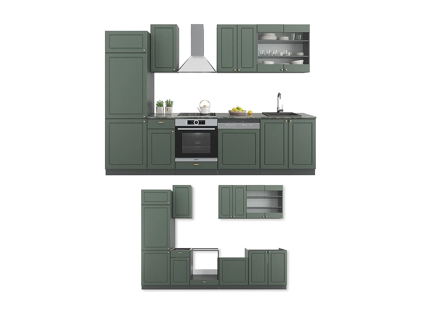 Mueble de cocina verde-dorado casa de campo/antracita 300x46x81.6 fame-line