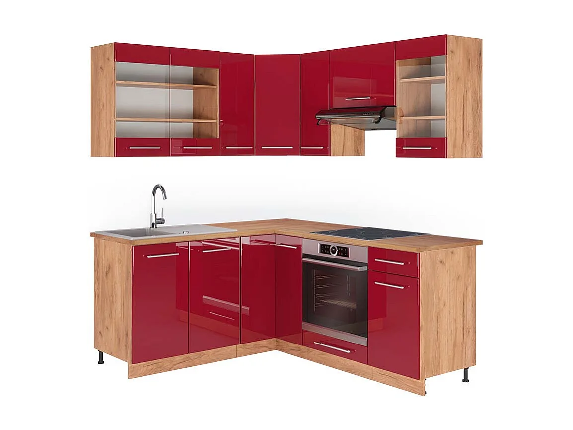 Cocina esquinera burdeos brillo intenso/roble dorado 190x60x81.6 fame-line