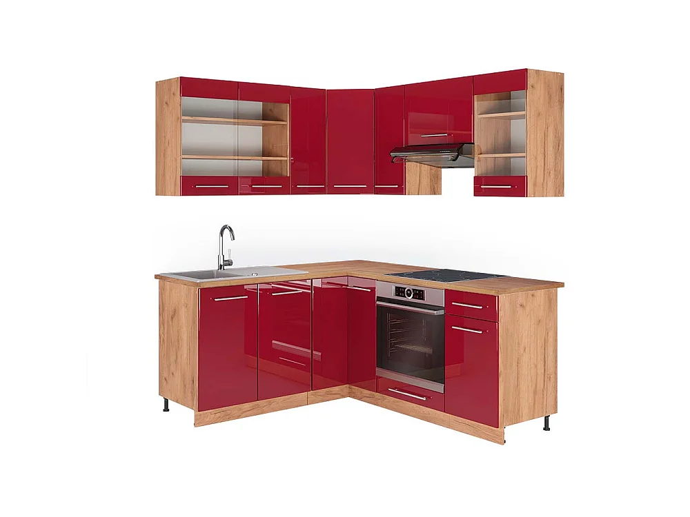 Hoekkeuken bordeaux hoogglans/gouden eik 190x60x81.6 fame-line