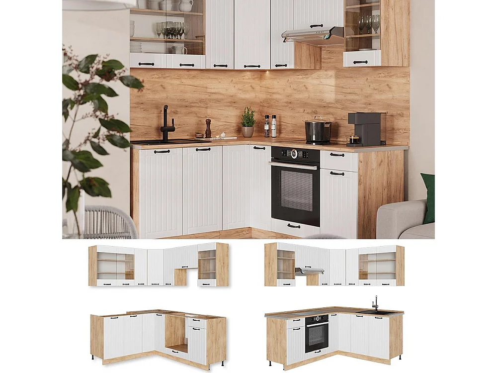 Eckküche weiß landhaus/goldkraft eiche 190x46x81.6 fame-line