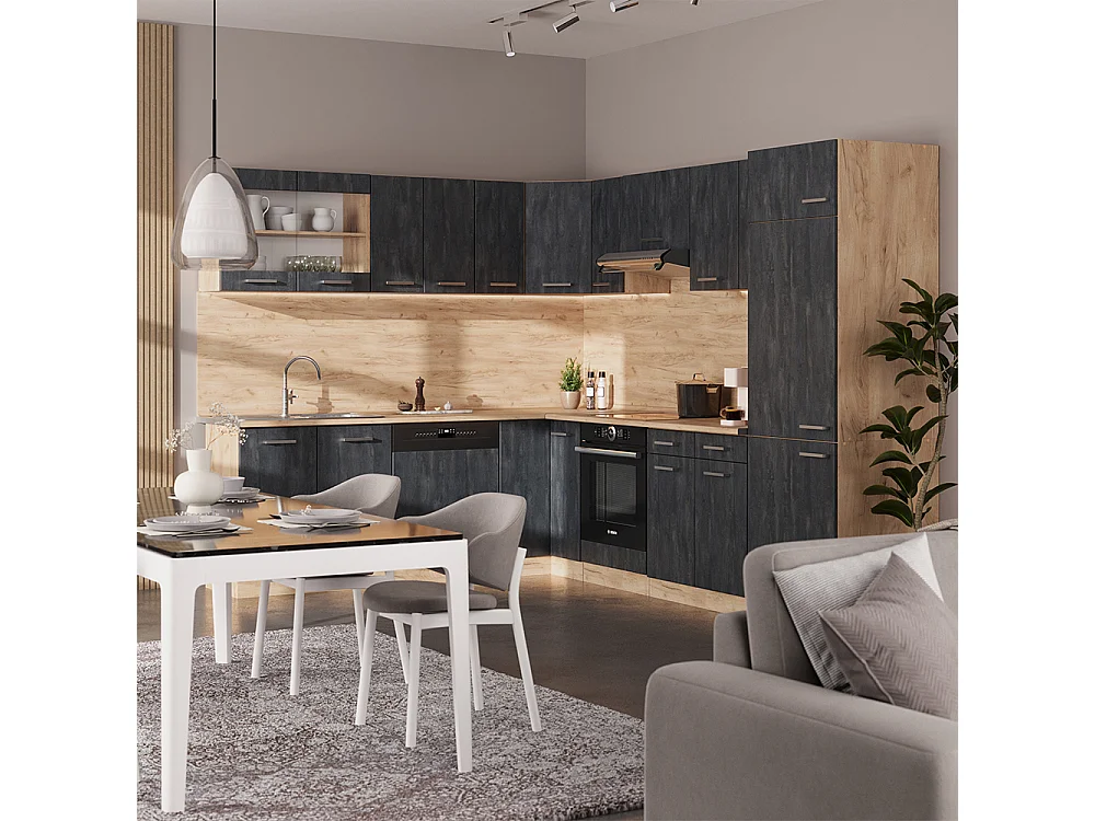 Cocina esquinera hormigón negro/roble dorado 287x46x81.6 r-line