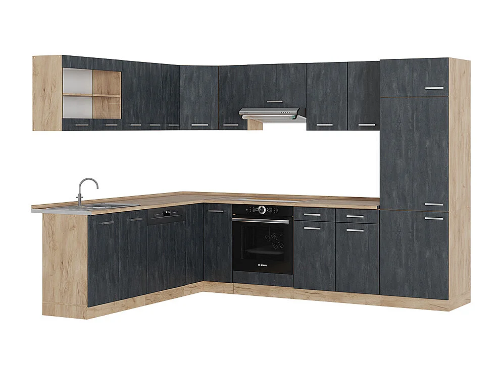 Cocina esquinera hormigón negro/roble dorado 287x46x81.6 r-line
