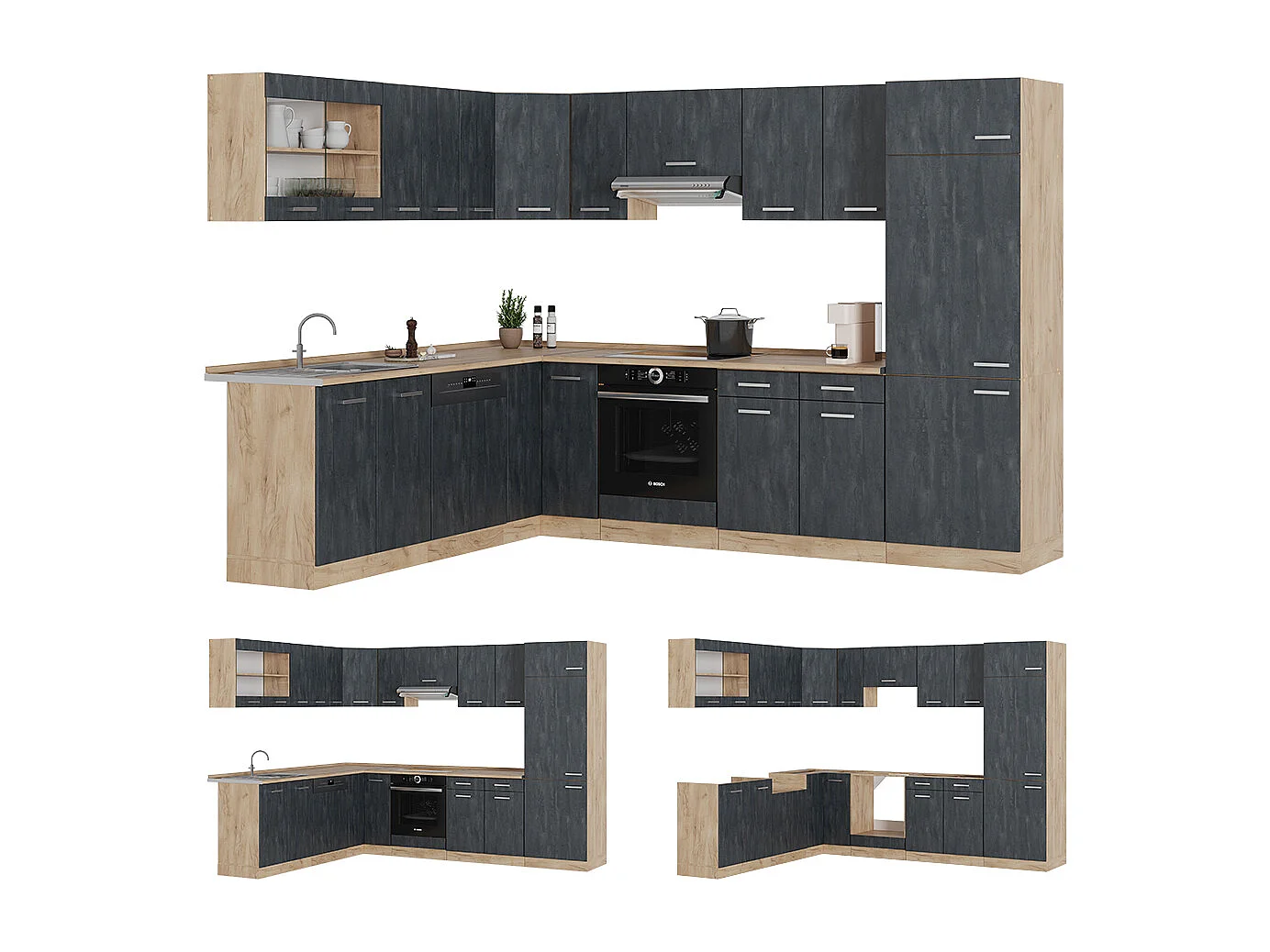 Cocina esquinera hormigón negro/roble dorado 287x46x81.6 r-line