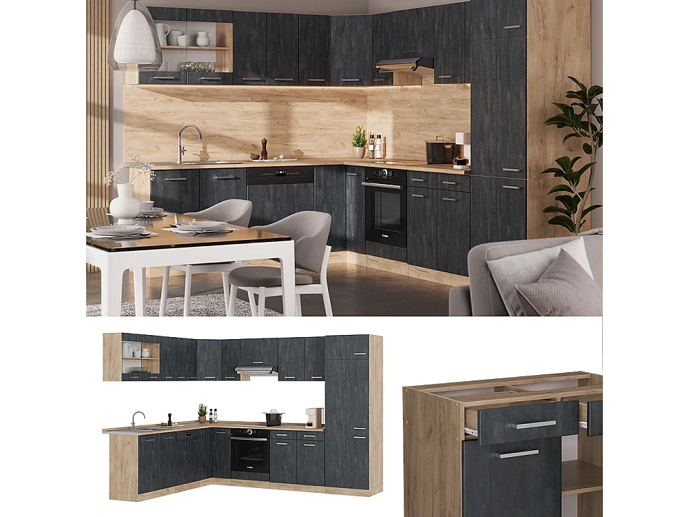 Cuisine en angle béton noir/chêne doré 287x46x81.6 r-line