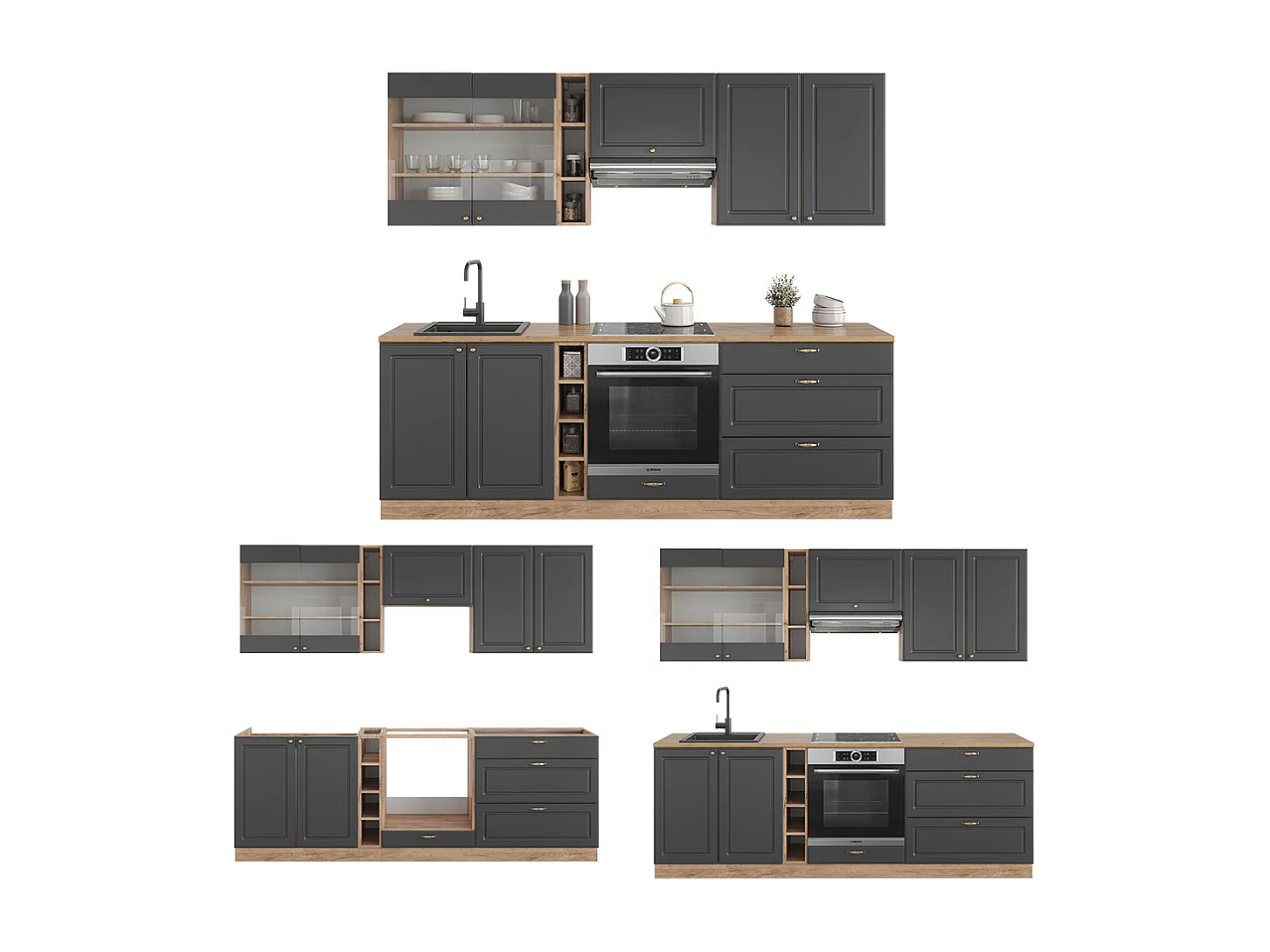 Mueble de cocina antracita casa de campo/roble kraft dorado 235x60x81.6 fame-line