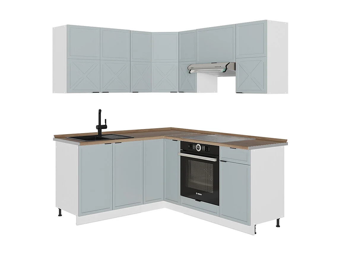 Cuisine en angle bleu clair-gris/blanc 190x60x81.6 fame-line