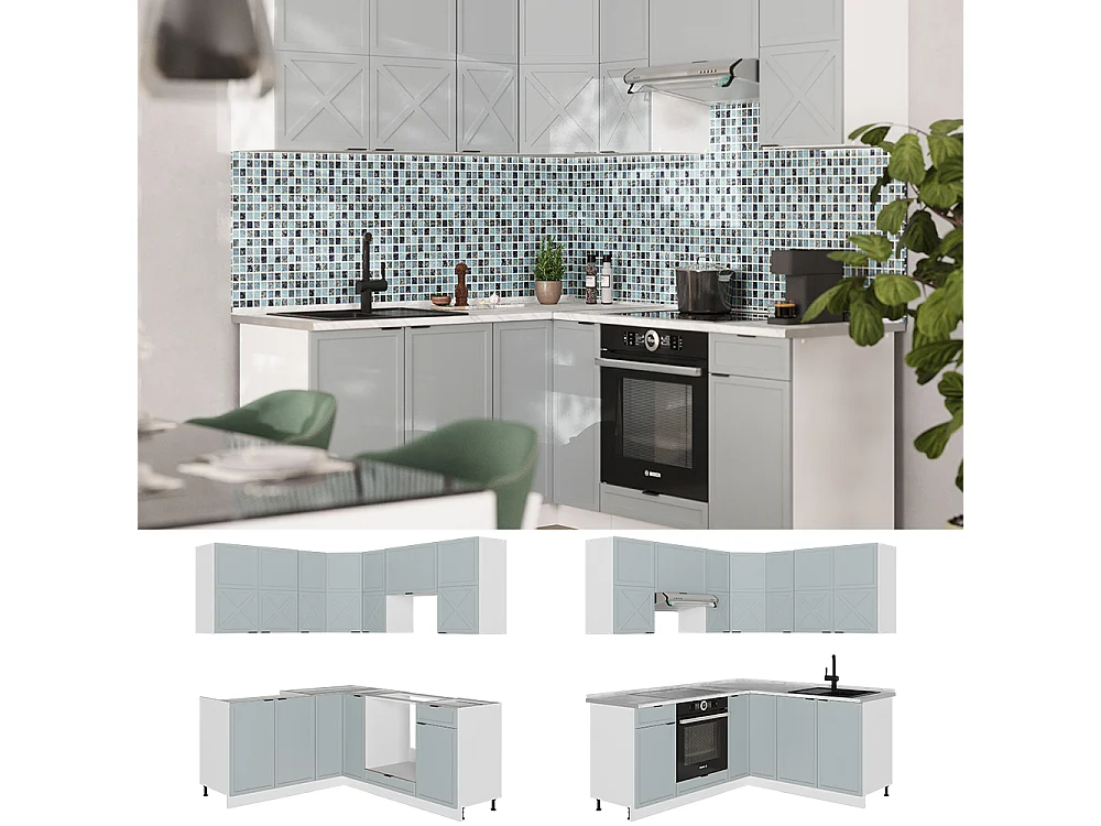 Cuisine en angle bleu clair-gris/blanc 190x60x81.6 fame-line