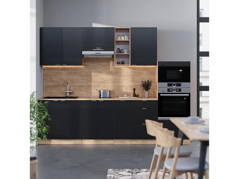 Mueble de cocina rayas negras/roble dorado 280x46x81.6 fame-line