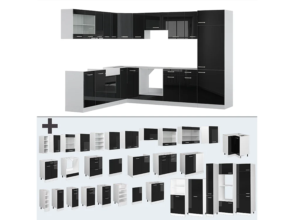 Cuisine en angle noir brillant/blanc 287x60x81.6 r-line
