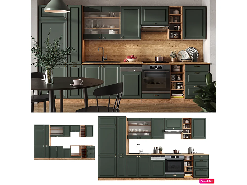 Küchenzeile grün-gold landhaus/goldkraft eiche 355x60x81.6 fame-line