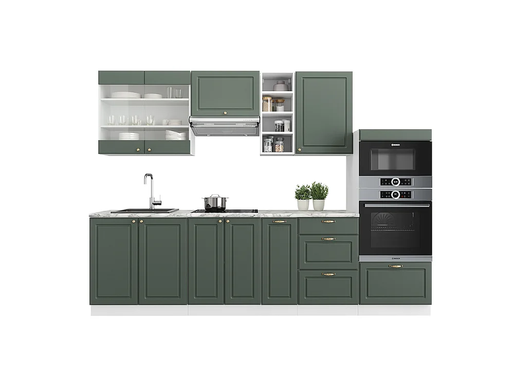 Køkkenrække grøn-guld landhus/hvid 280x60x81.6 fame-line