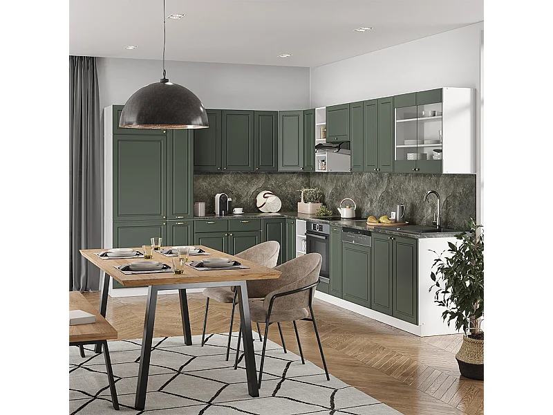 Cocina esquinera verde-dorado casa de campo/blanco 347x46x81.6 fame-line