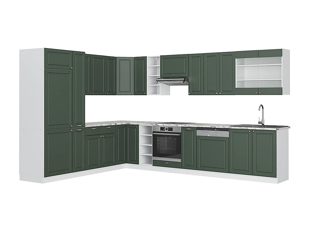 Cuisine en angle vert-or landhaus/blanc 347x46x81.6 fame-line