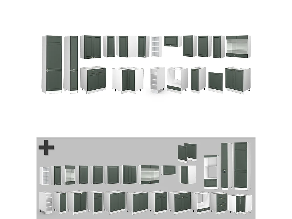 Cuisine en angle vert-or landhaus/blanc 347x46x81.6 fame-line