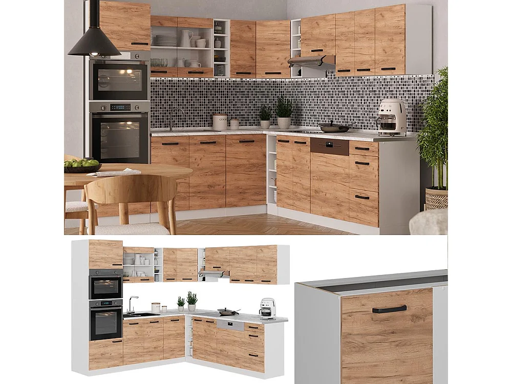 Cocina esquinera roble dorado/blanco 247x60x81.6 r-line