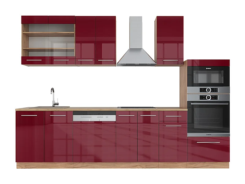Mueble de cocina burdeos brillo intenso/roble dorado 300x46x81.6 fame-line
