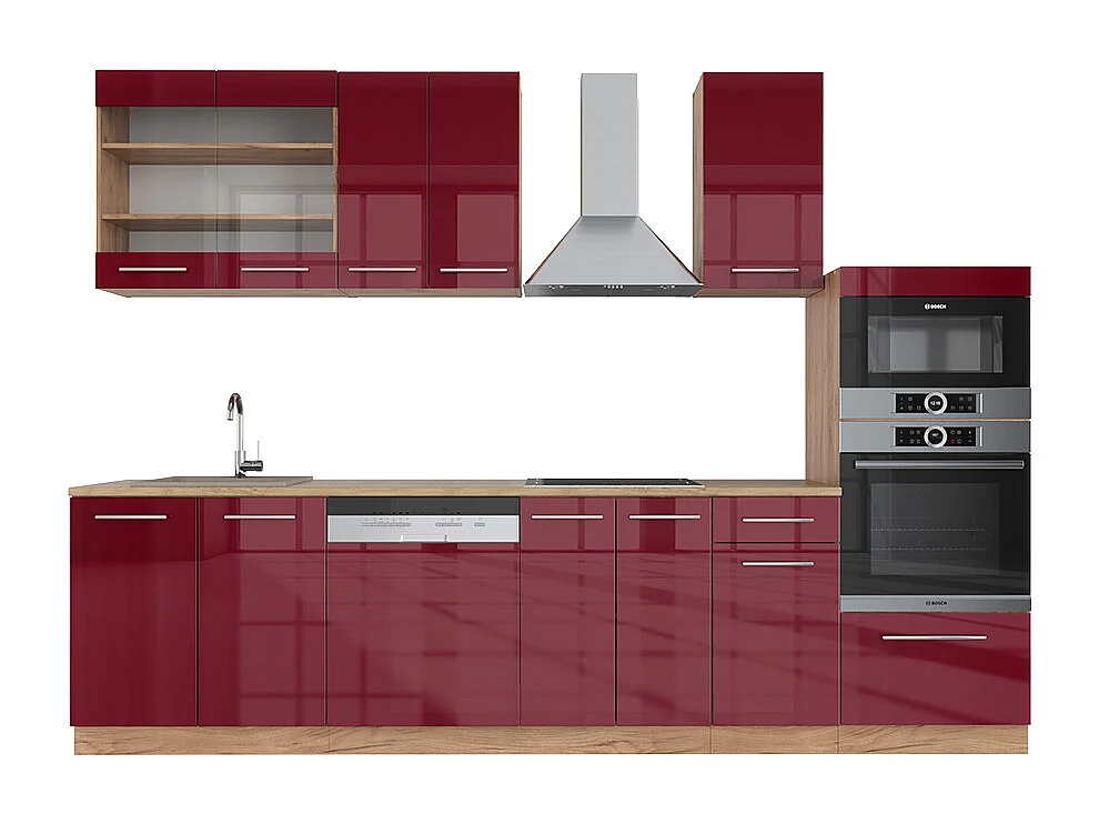 Mueble de cocina burdeos brillo intenso/roble dorado 300x46x81.6 fame-line