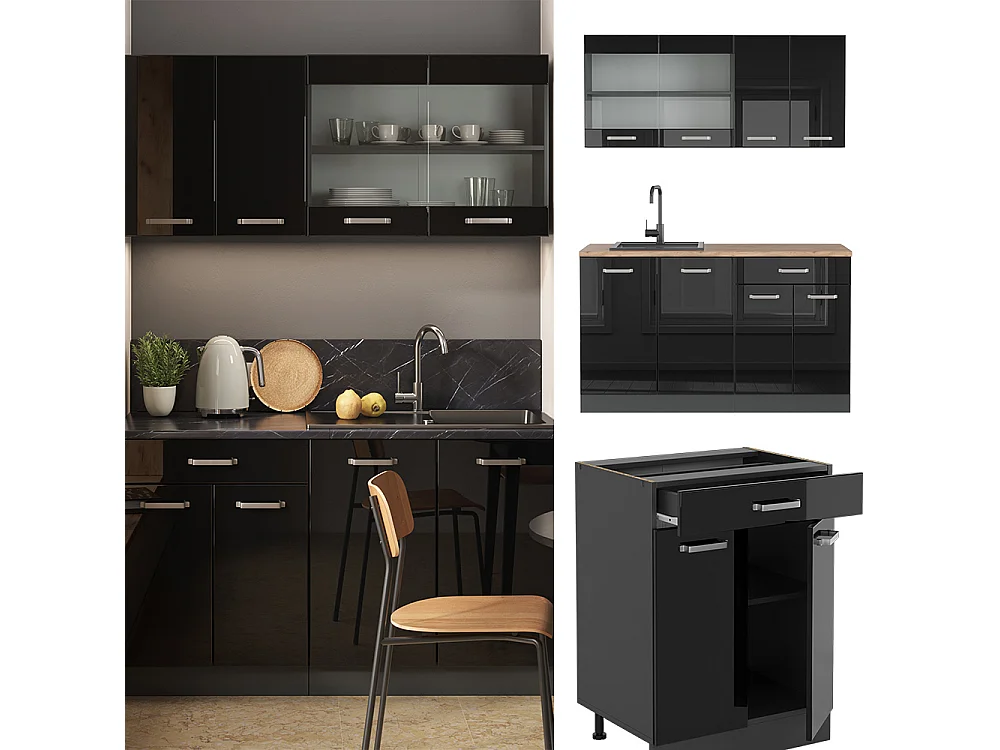 Cuisine noir brillant/anthracite 140x60x81.6 r-line