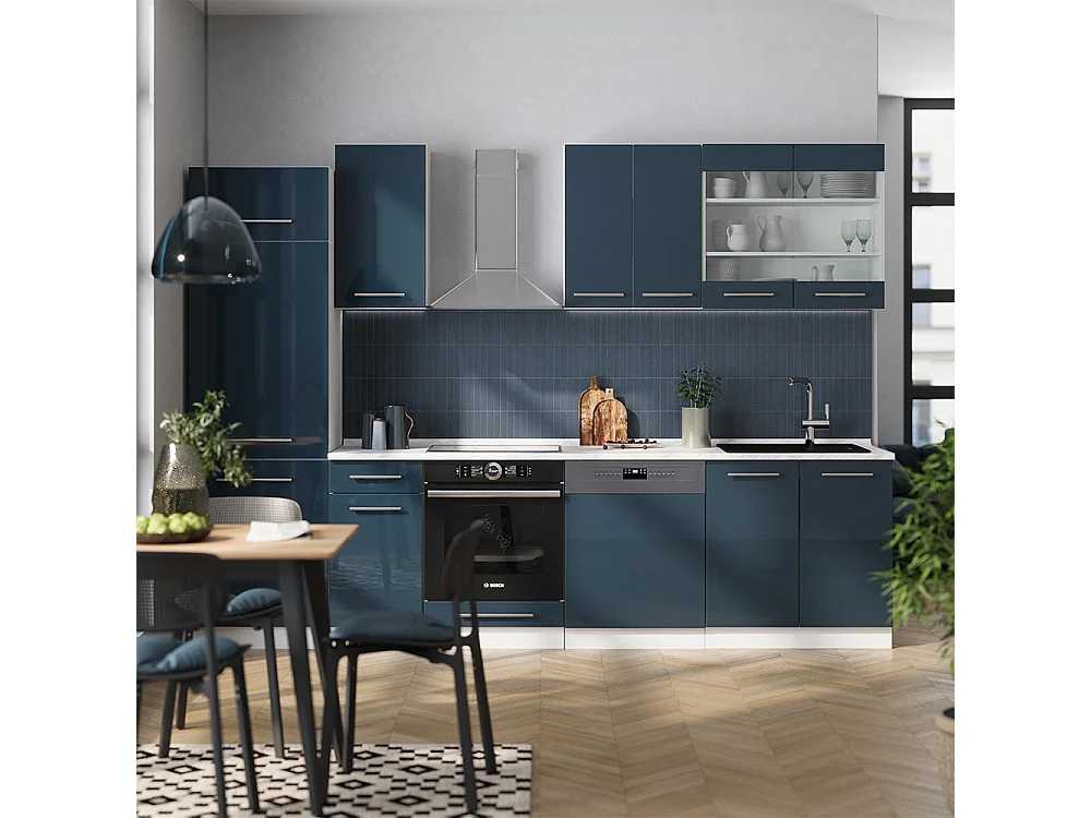 Cuisine bleu foncé brillant/blanc 300x60x81.6 fame-line