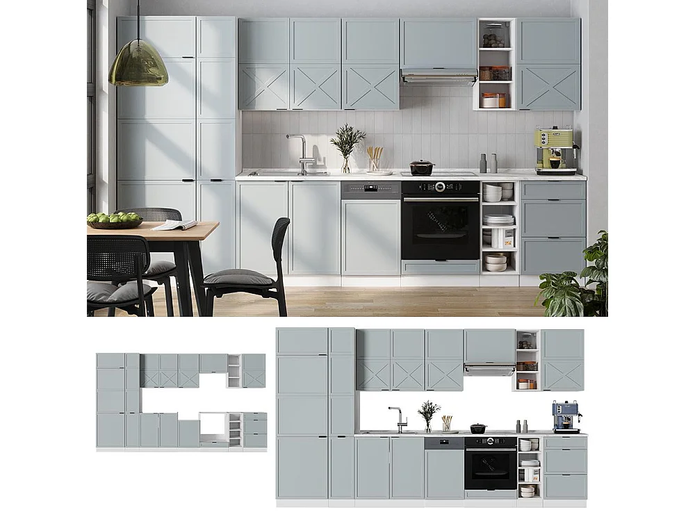 Mueble de cocina azul claro-gris-blanco 355x60x81.6 fame-line
