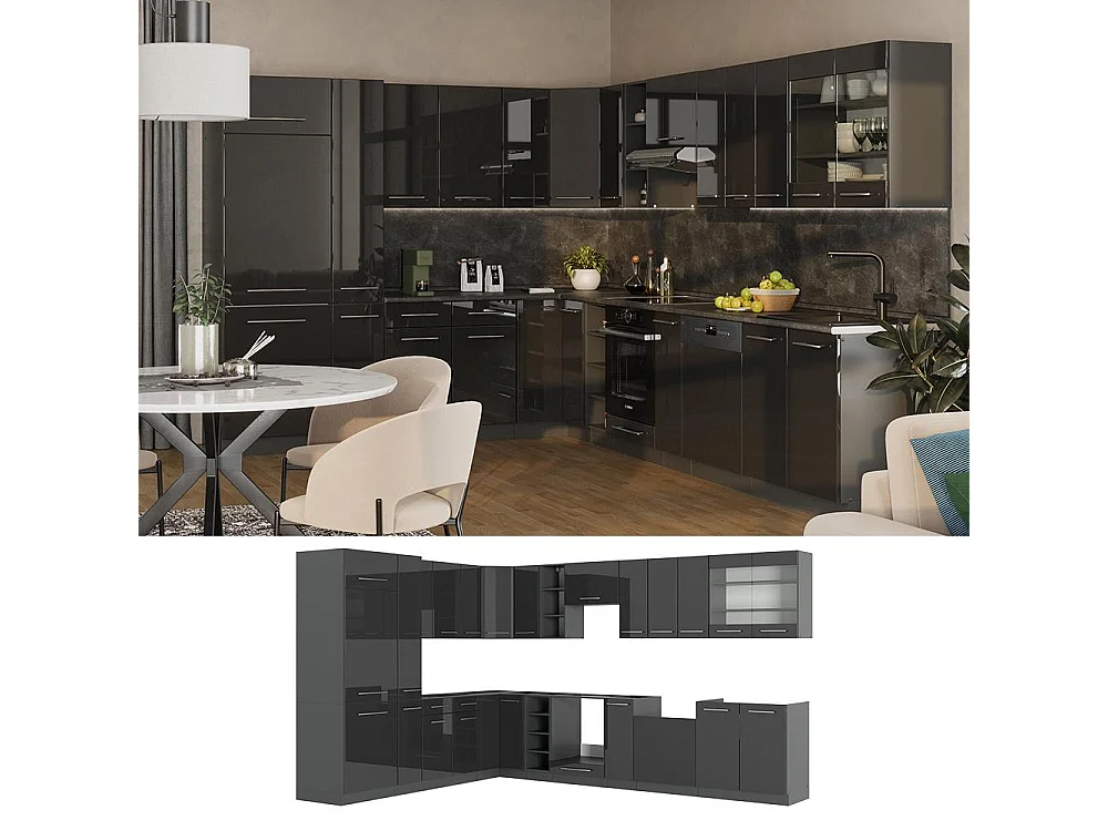 Hjørnekøkken antracit højglans/antracit 347x60x81.6 fame-line