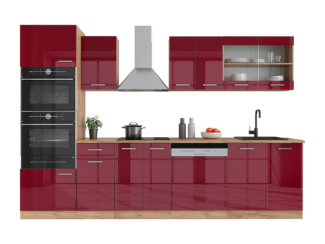 Mueble de cocina rojo brillo intenso/roble dorado 300x60x81.6 r-line